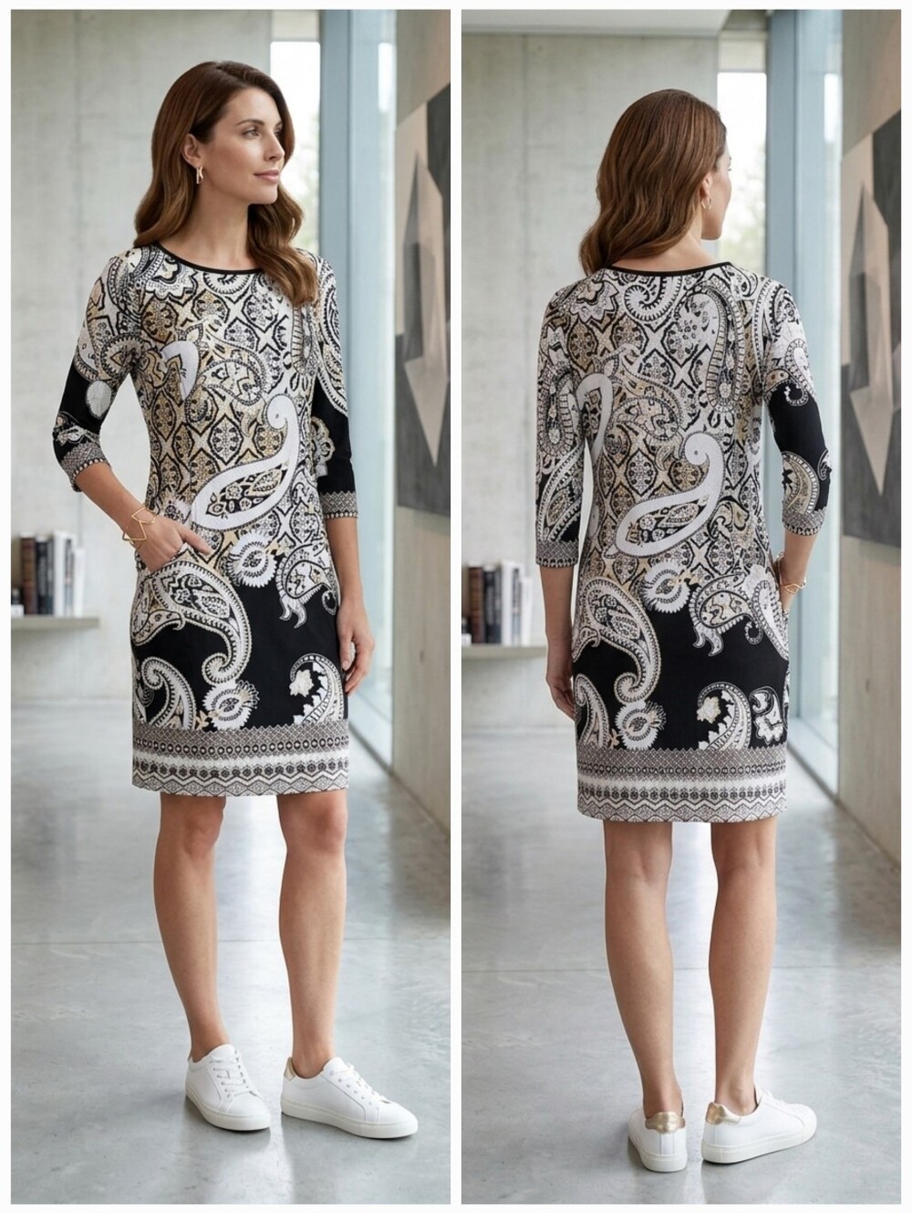NWOT Joseph Ribkoff 14 Paisley Silky Knit Pocket Shift Dress Eclectic Mod Artsy